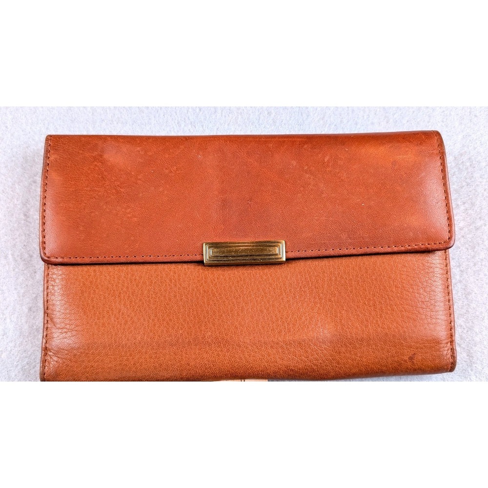 Amity Vintage Brown Leather Trifold Checkbook Wallet Snap Closure Brass Detail